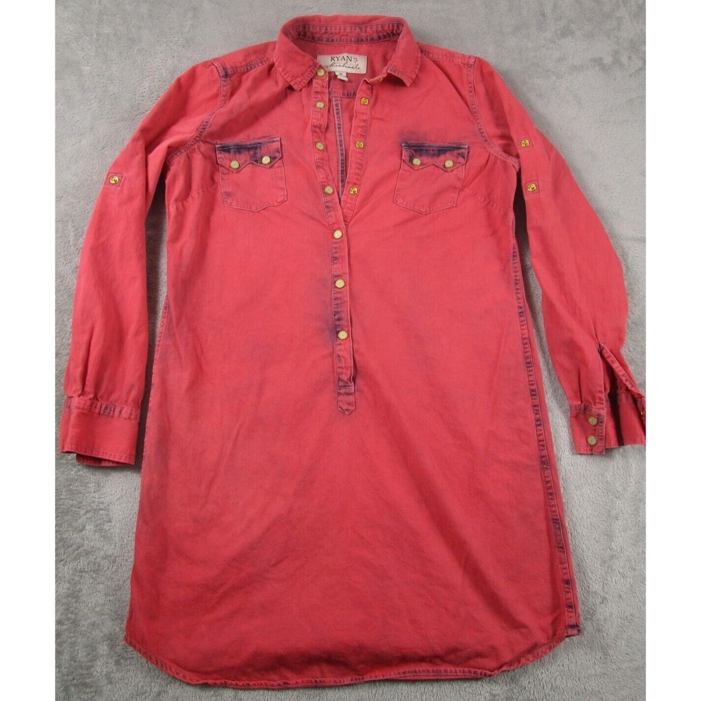 Ryan Michael Top Womens Medium Red Tunic Button Up Long Sleeve Roll Tab‎